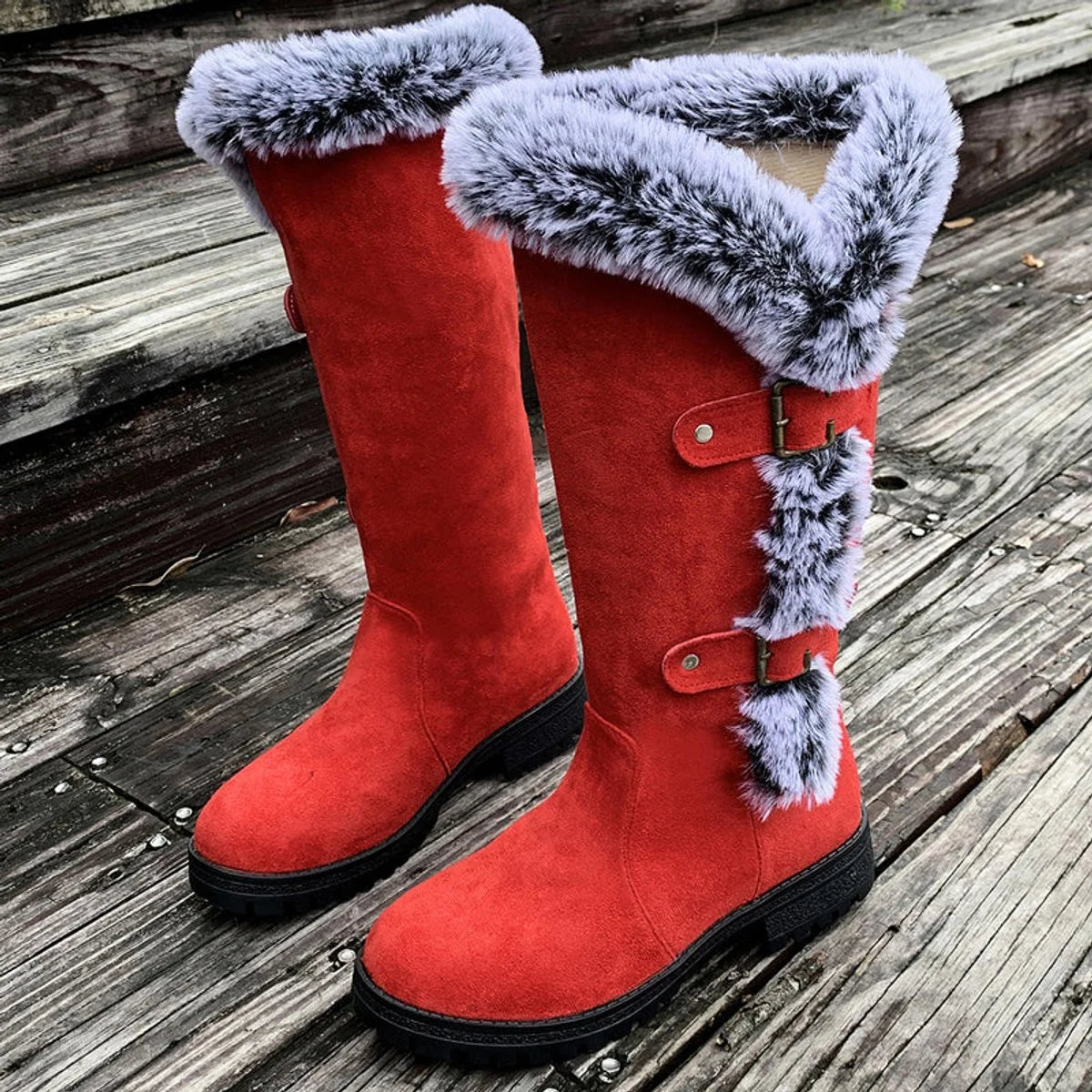 Hannah | Damen Gefütterte Kniehohe Stiefel mit Plüschbesatz Schnallen