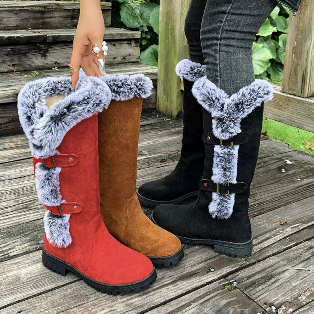 Hannah | Damen Gefütterte Kniehohe Stiefel mit Plüschbesatz Schnallen