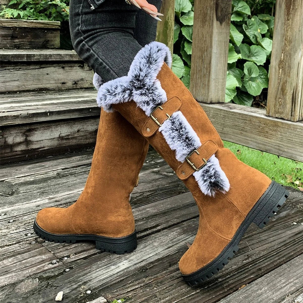 Hannah | Damen Gefütterte Kniehohe Stiefel mit Plüschbesatz Schnallen