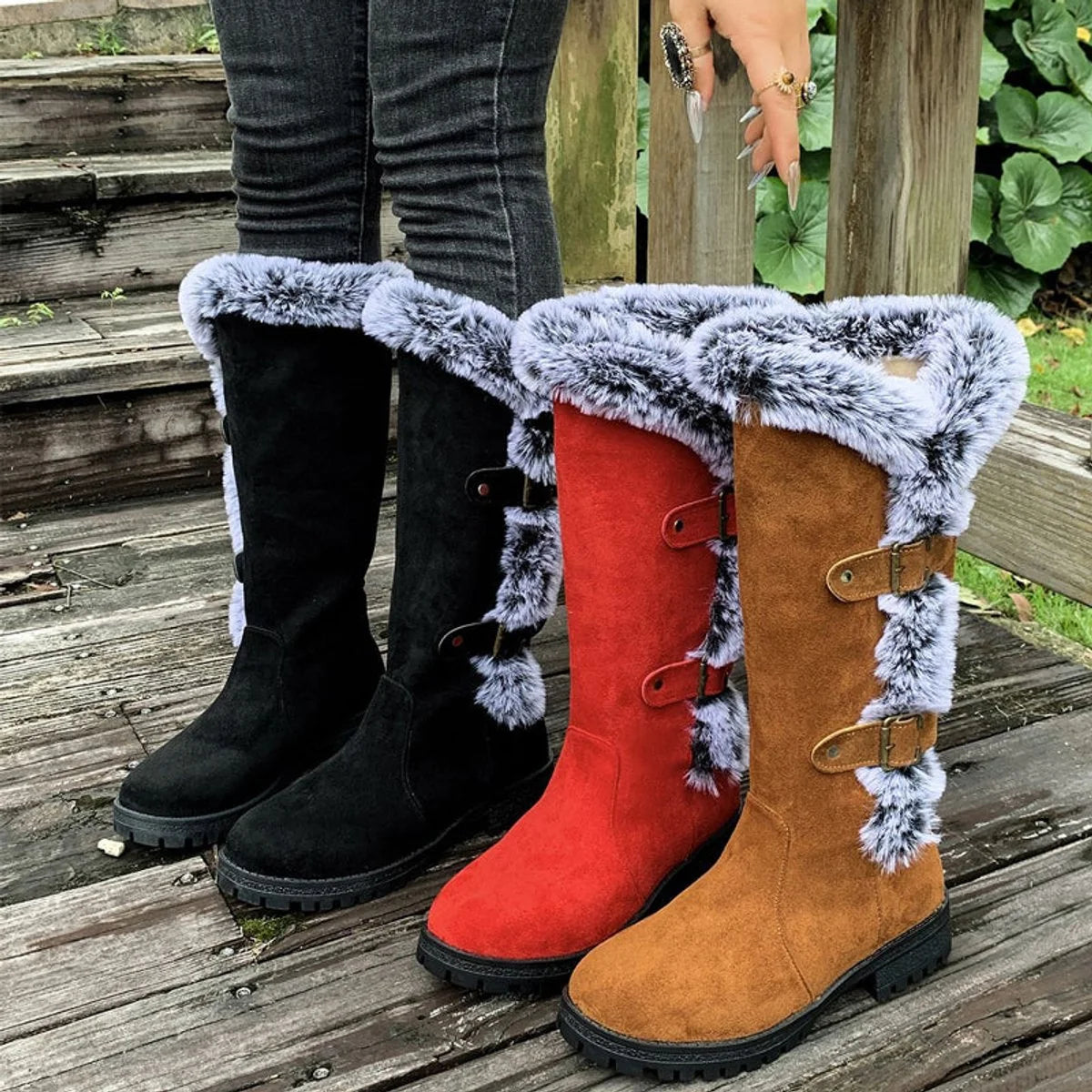 Hannah | Damen Gefütterte Kniehohe Stiefel mit Plüschbesatz Schnallen