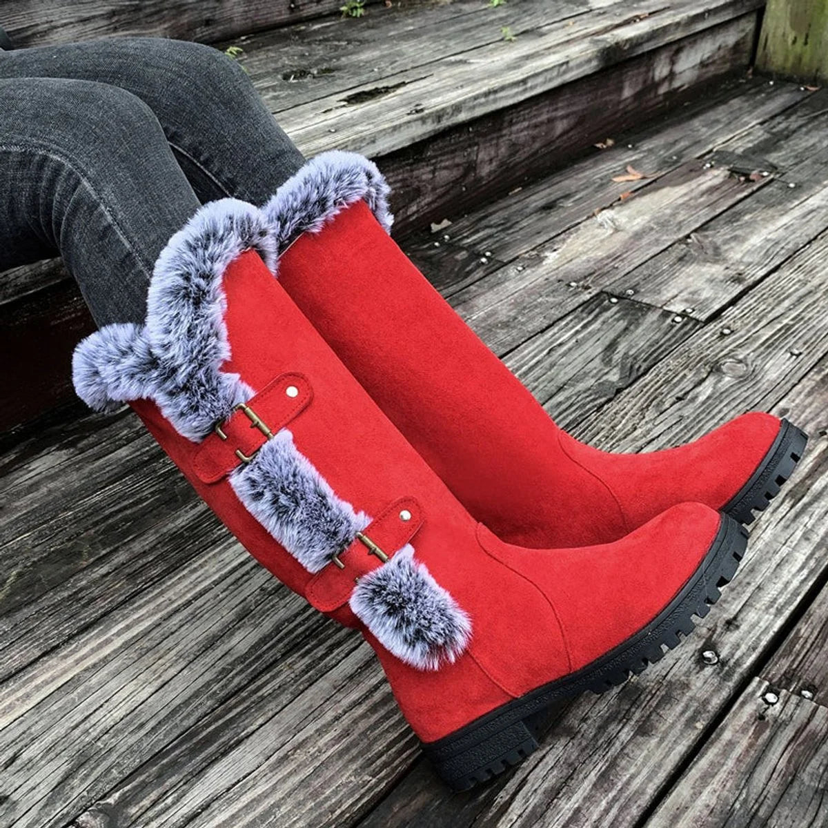 Hannah | Damen Gefütterte Kniehohe Stiefel mit Plüschbesatz Schnallen