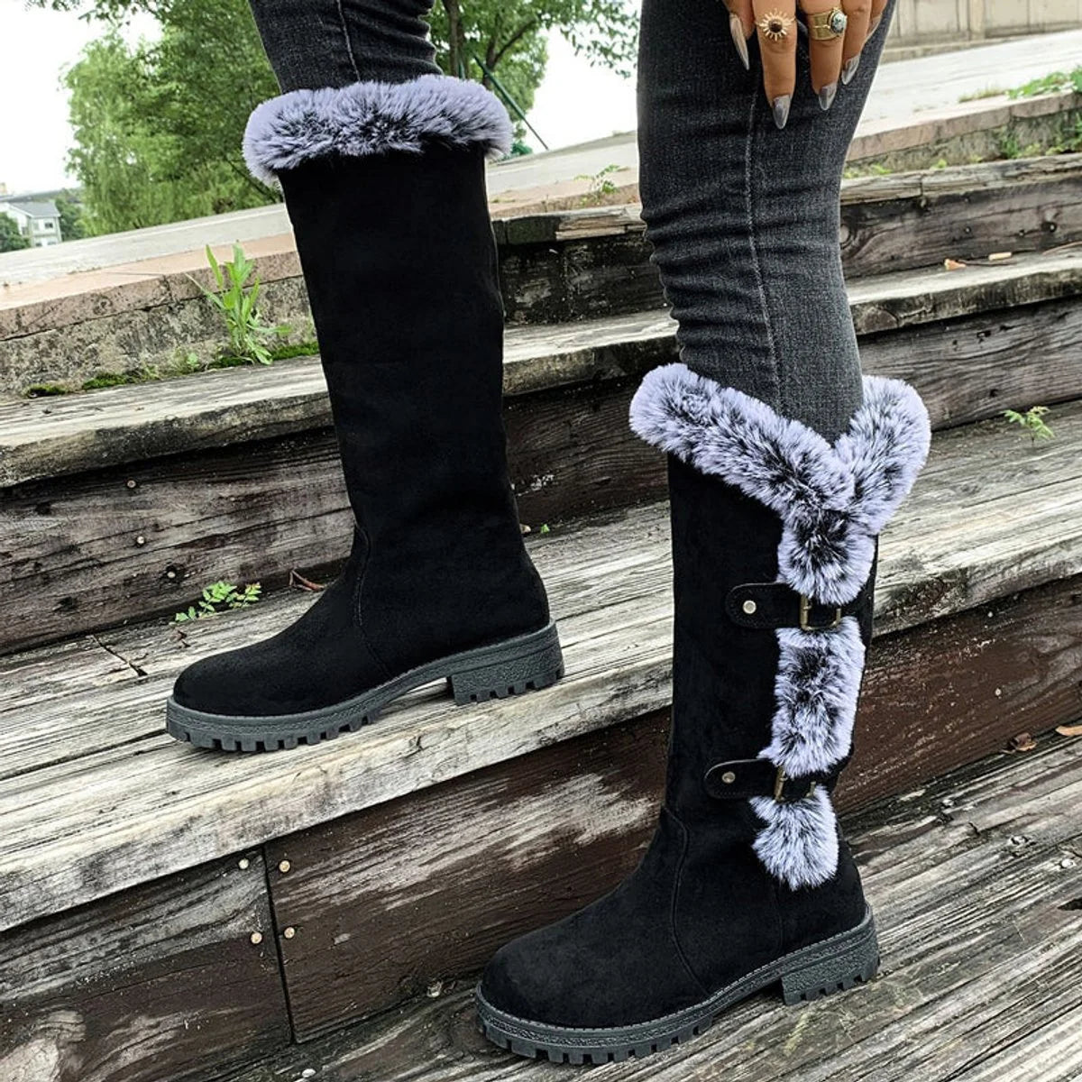 Hannah | Damen Gefütterte Kniehohe Stiefel mit Plüschbesatz Schnallen