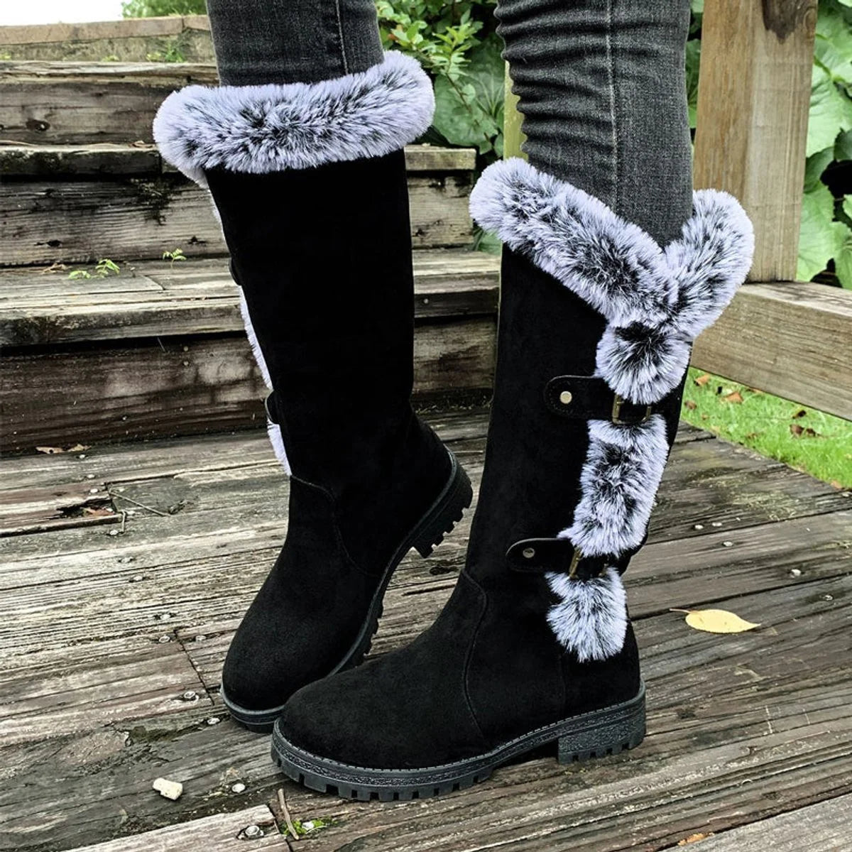 Hannah | Damen Gefütterte Kniehohe Stiefel mit Plüschbesatz Schnallen