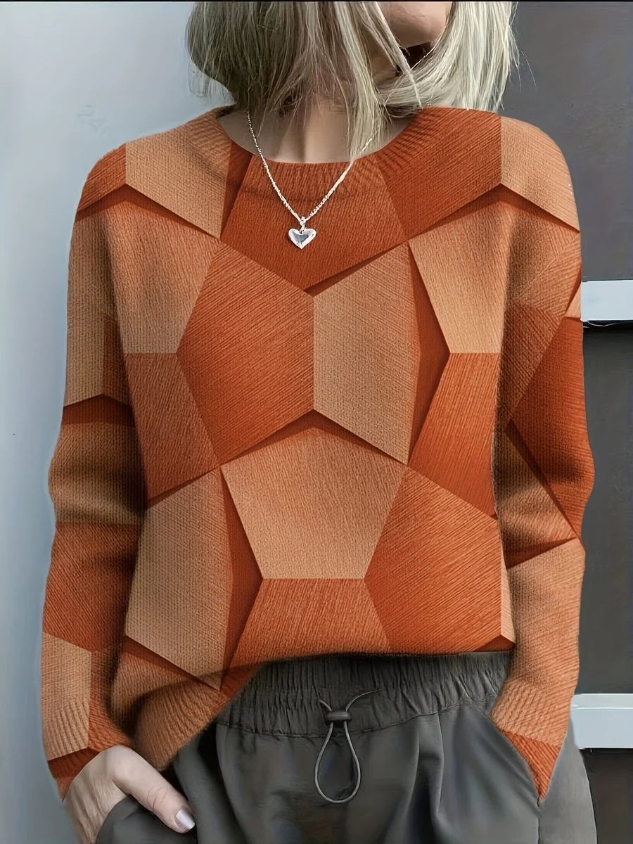 Hannah | Damen Knit Sweater mit geometrischem 3D-Muster Rundhals Langarm