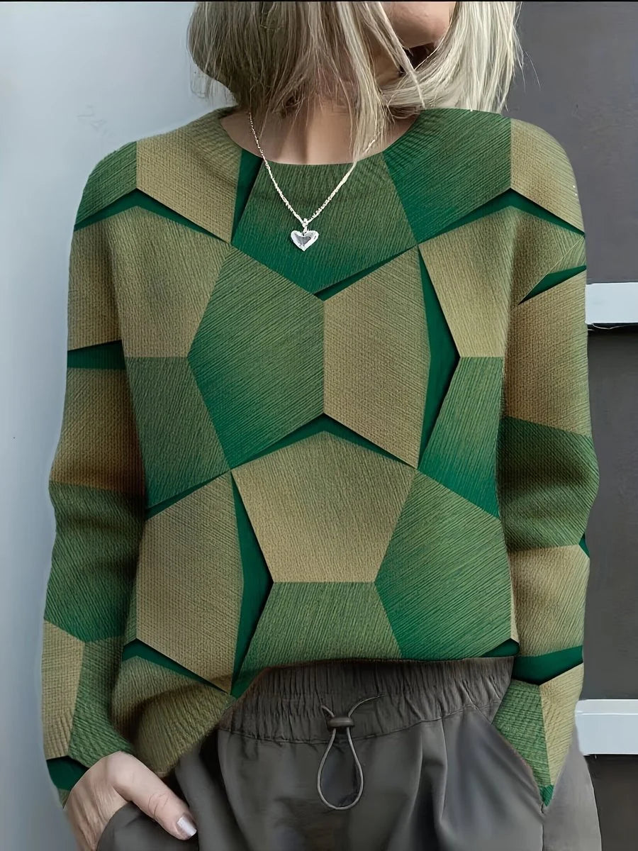 Hannah | Damen Knit Sweater mit geometrischem 3D-Muster Rundhals Langarm