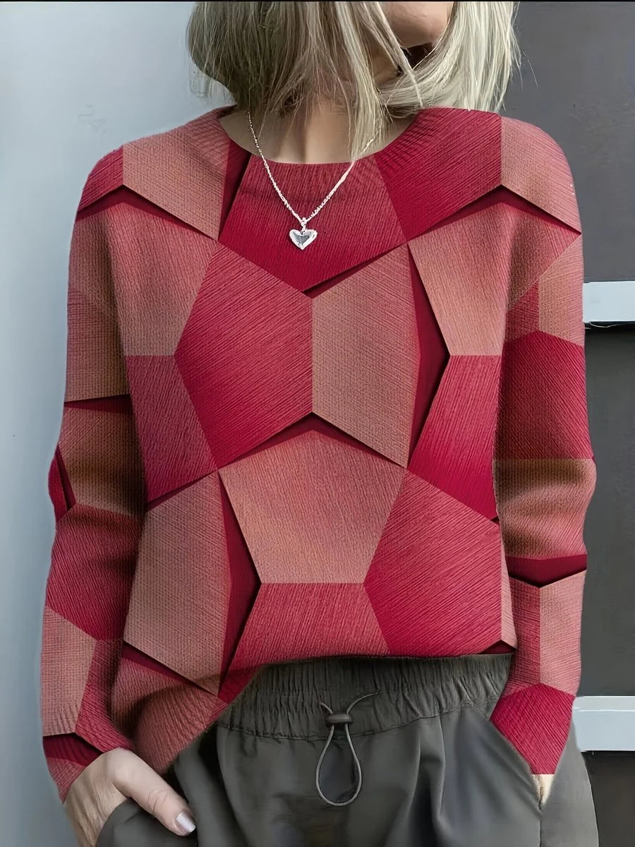 Hannah | Damen Knit Sweater mit geometrischem 3D-Muster Rundhals Langarm