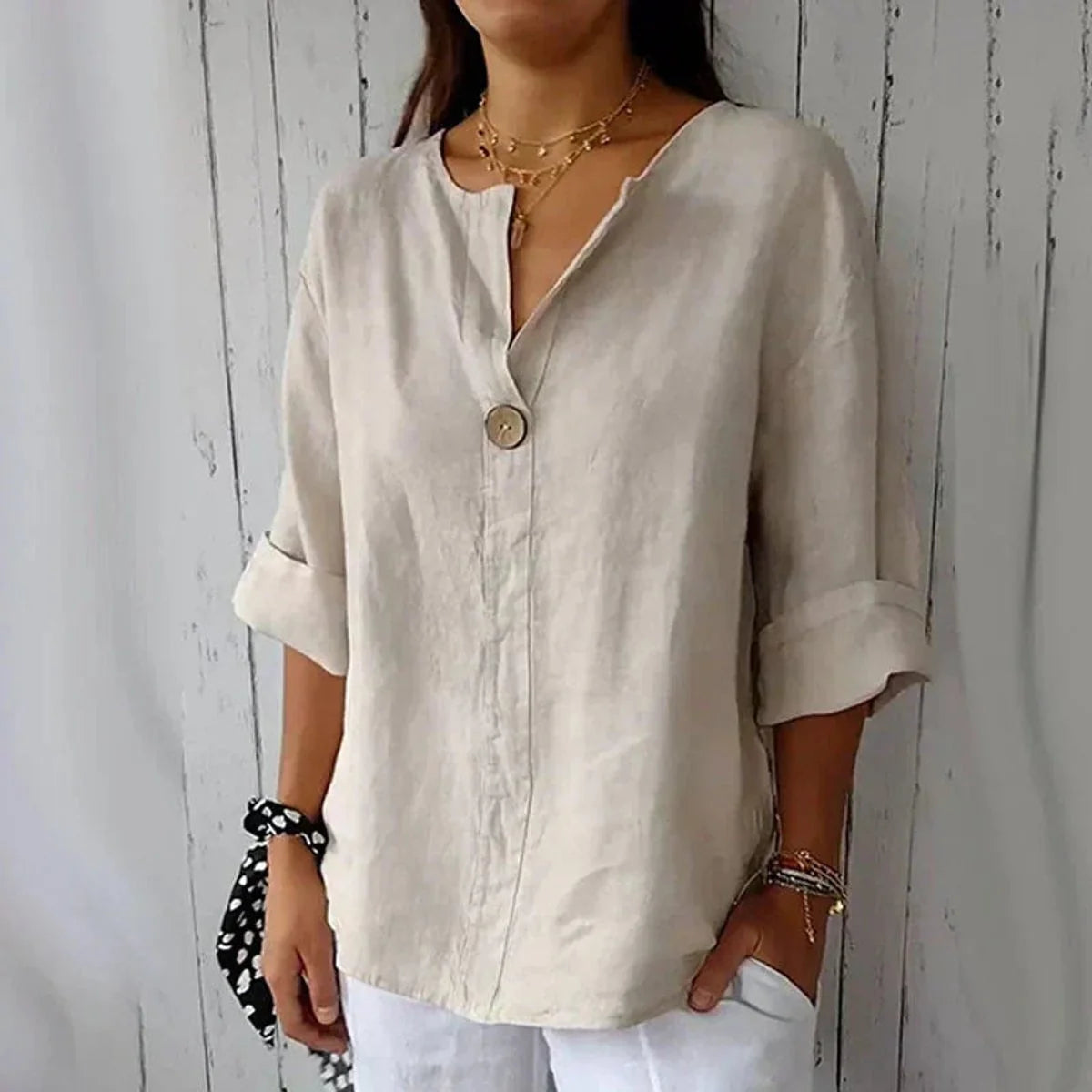 Hannah | Damen Leinen Lockere V-Ausschnitt Langarm Bluse Holzknopf