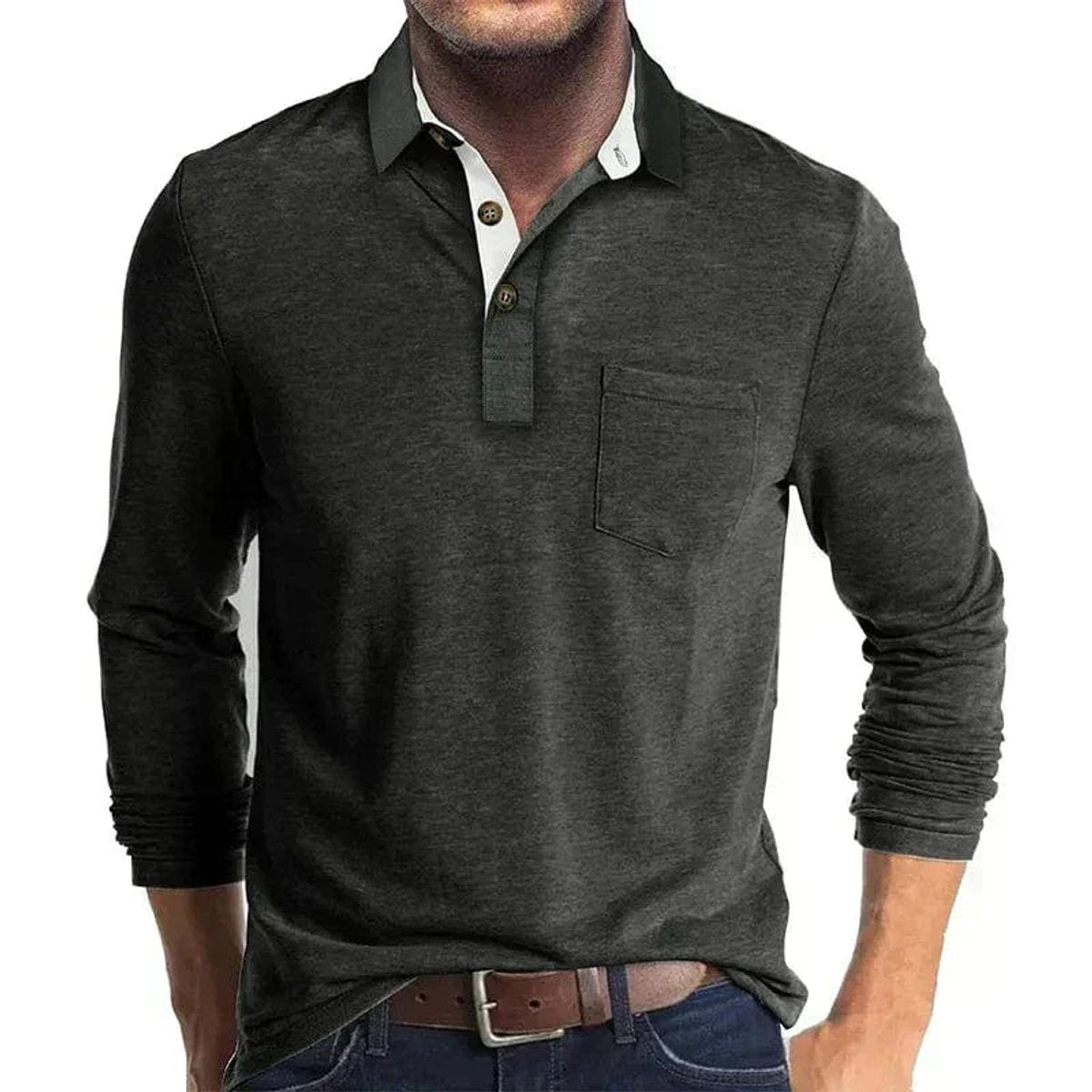 Elias | Herren Langarm-Poloshirt mit Knopfleiste und Brusttasche