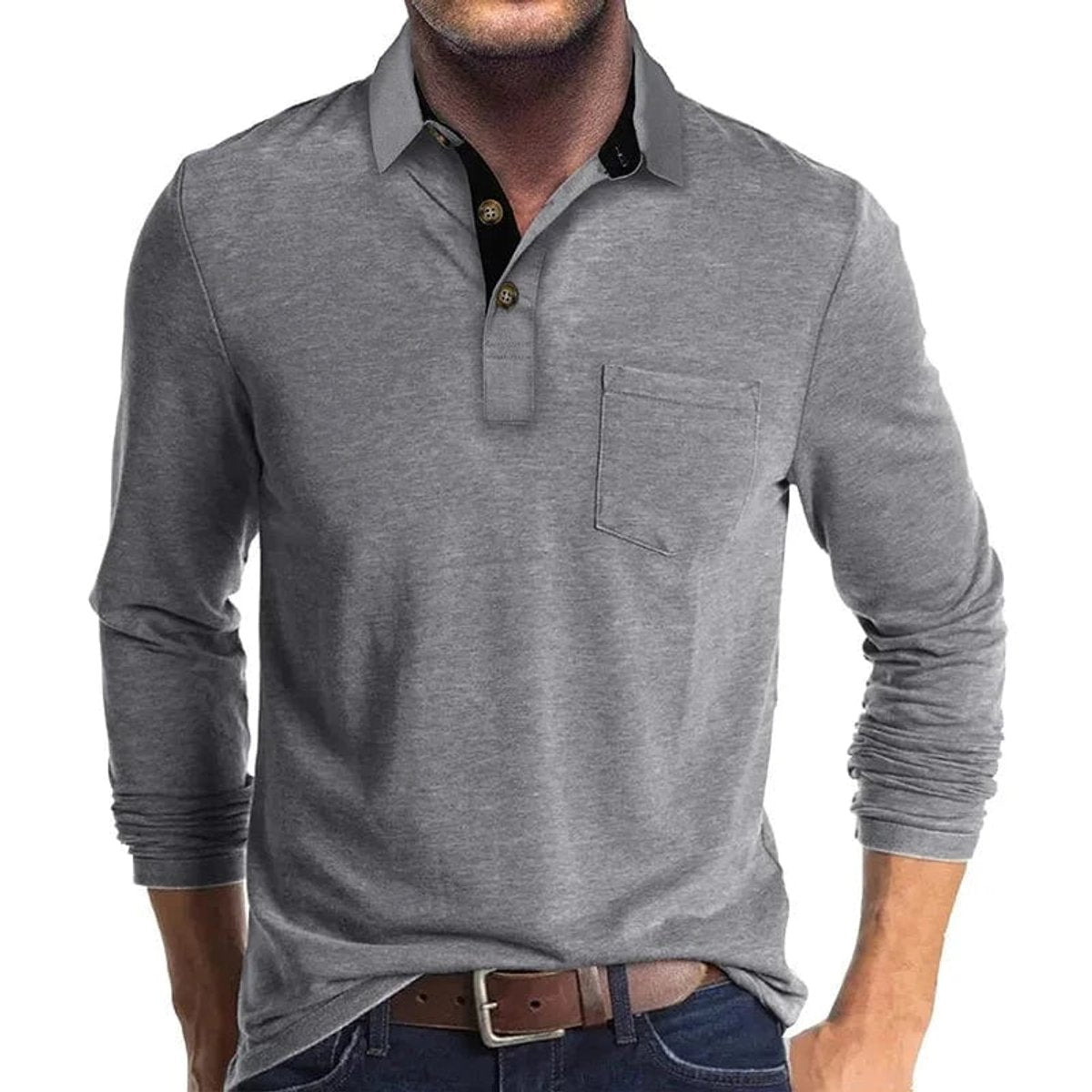 Elias | Herren Langarm-Poloshirt mit Knopfleiste und Brusttasche