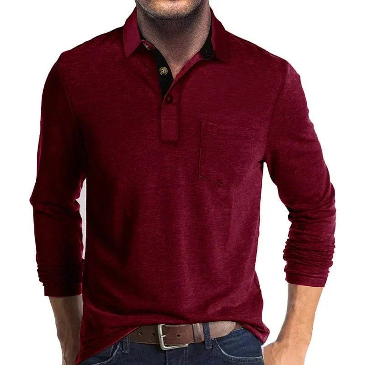 Elias | Herren Langarm-Poloshirt mit Knopfleiste und Brusttasche