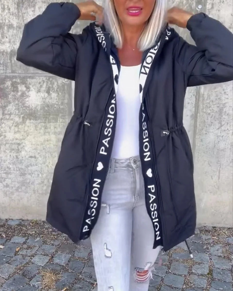 Johanna | Damen Kapuzenmantel Lässiger Women Coat mit Tunnelzug Mittellang