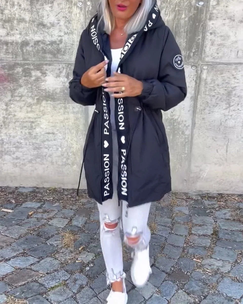 Johanna | Damen Kapuzenmantel Lässiger Women Coat mit Tunnelzug Mittellang