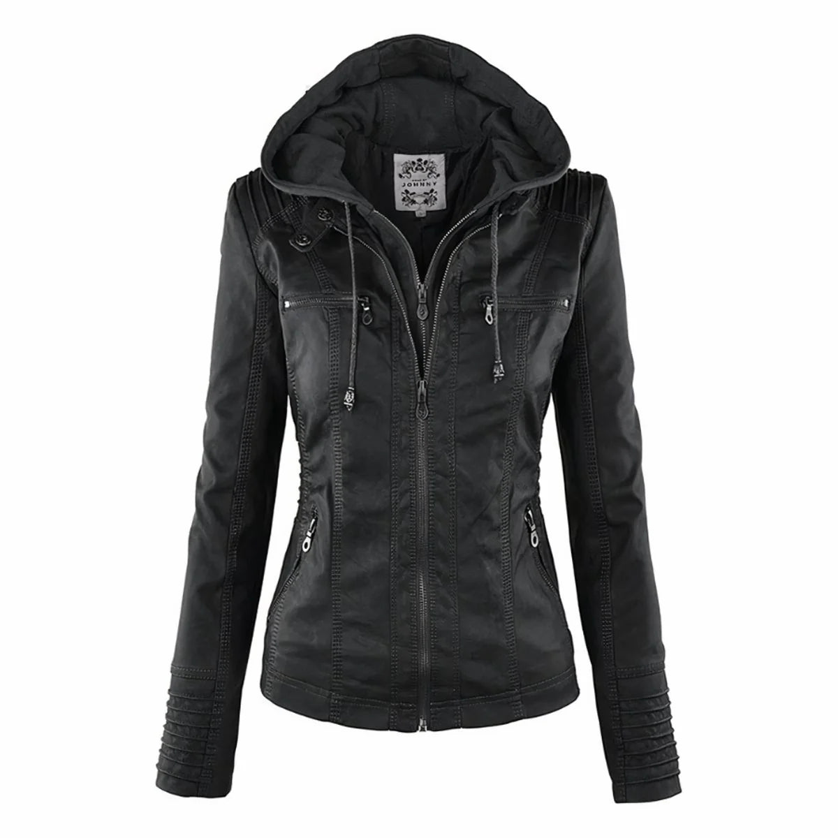 Katharina | Damen Kunstleder Bikerjacke mit Abnehmbarer Kapuze Reißverschluss