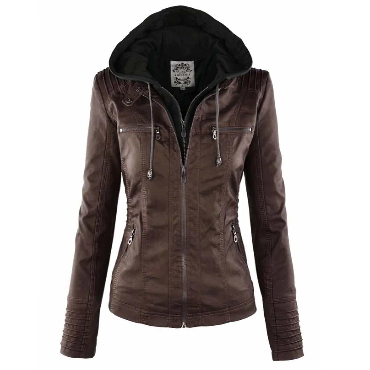 Katharina | Damen Kunstleder Bikerjacke mit Abnehmbarer Kapuze Reißverschluss