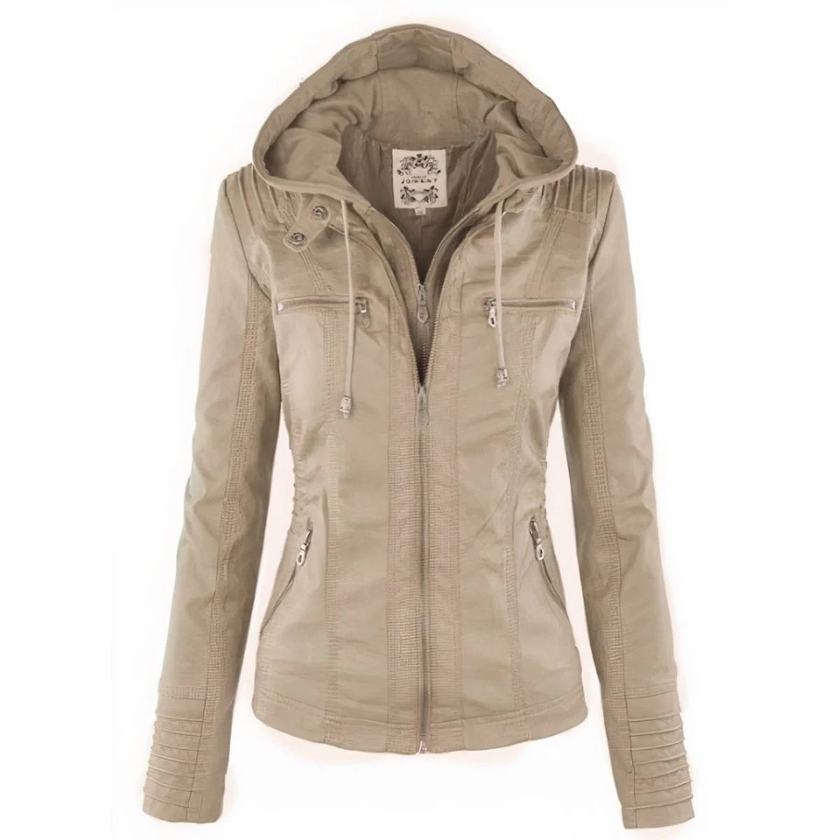 Katharina | Damen Kunstleder Bikerjacke mit Abnehmbarer Kapuze Reißverschluss