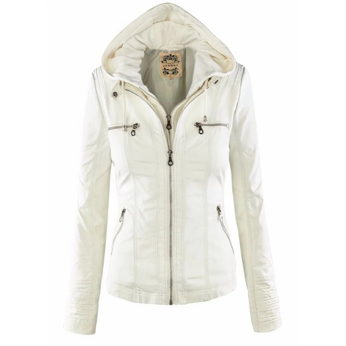 Katharina | Damen Kunstleder Bikerjacke mit Abnehmbarer Kapuze Reißverschluss
