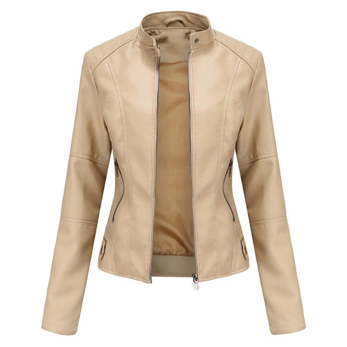 Katharina | Damen Kurze Taillierte Kunstleder Bikerjacke mit Reißverschluss