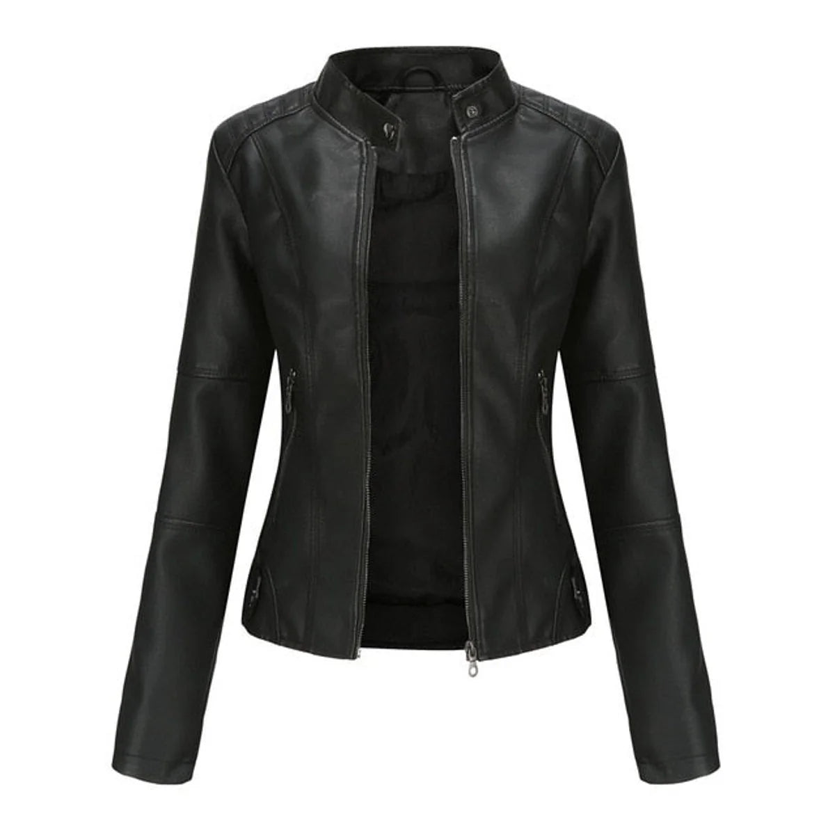 Katharina | Damen Kurze Taillierte Kunstleder Bikerjacke mit Reißverschluss