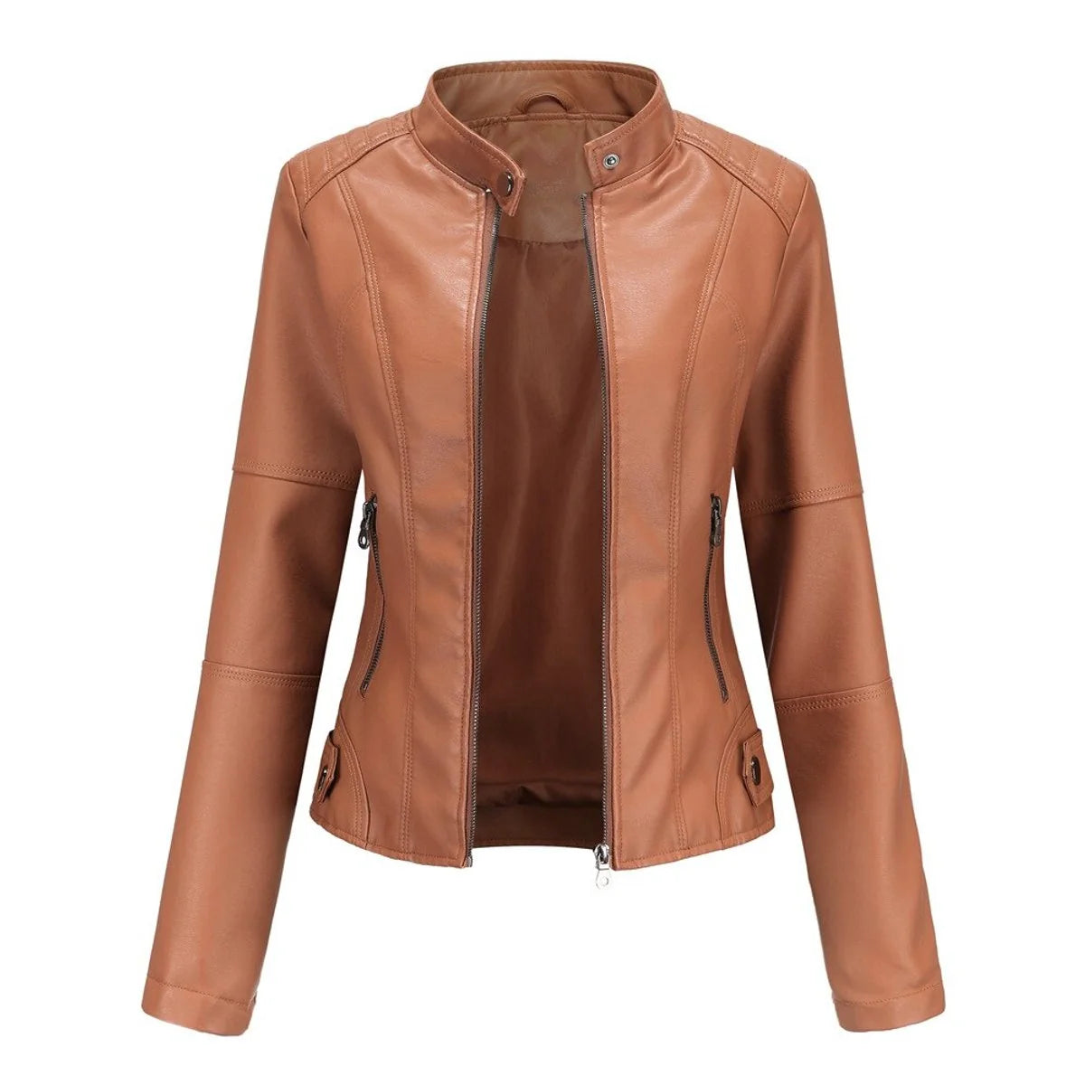 Katharina | Damen Kurze Taillierte Kunstleder Bikerjacke mit Reißverschluss