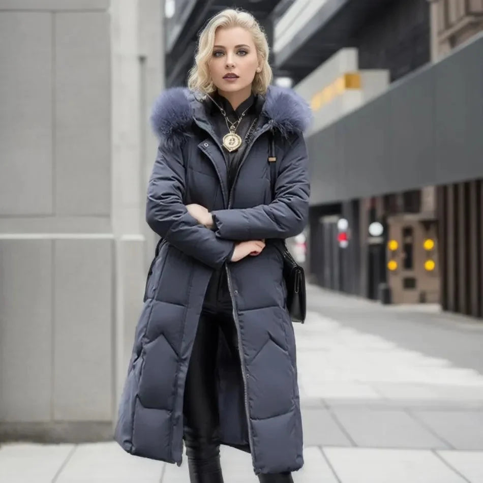 Katharina | Damen Langer Daunen-Steppmantel mit Kragen