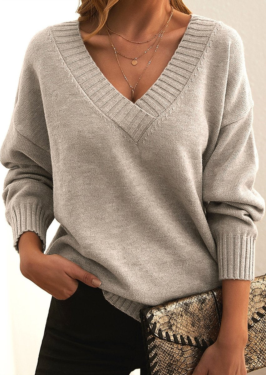 Katharina | Strickpullover Damen Weicher V-Ausschnitt Oversized Longpullover