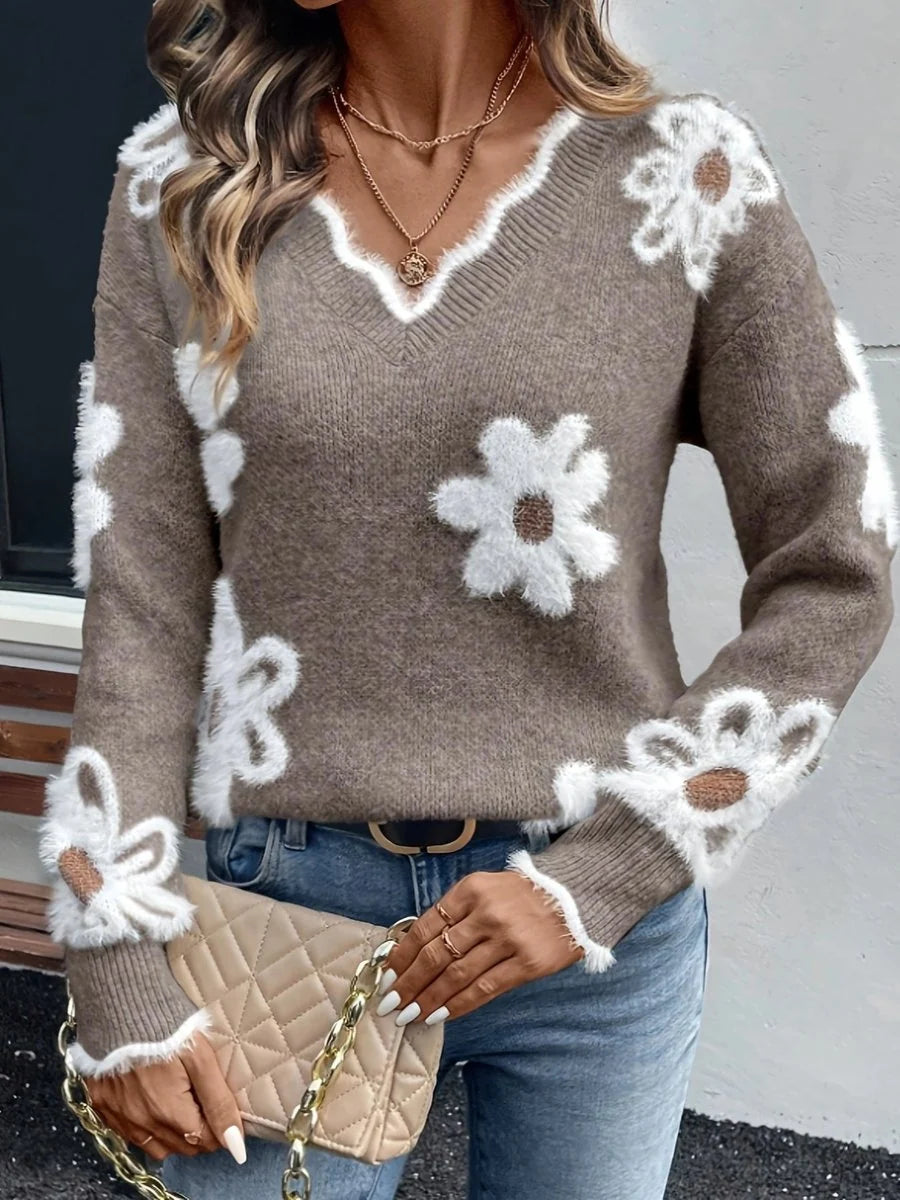 Lena | Damen Floral V-Ausschnitt Knit Sweater mit Gänseblümchen-Muster