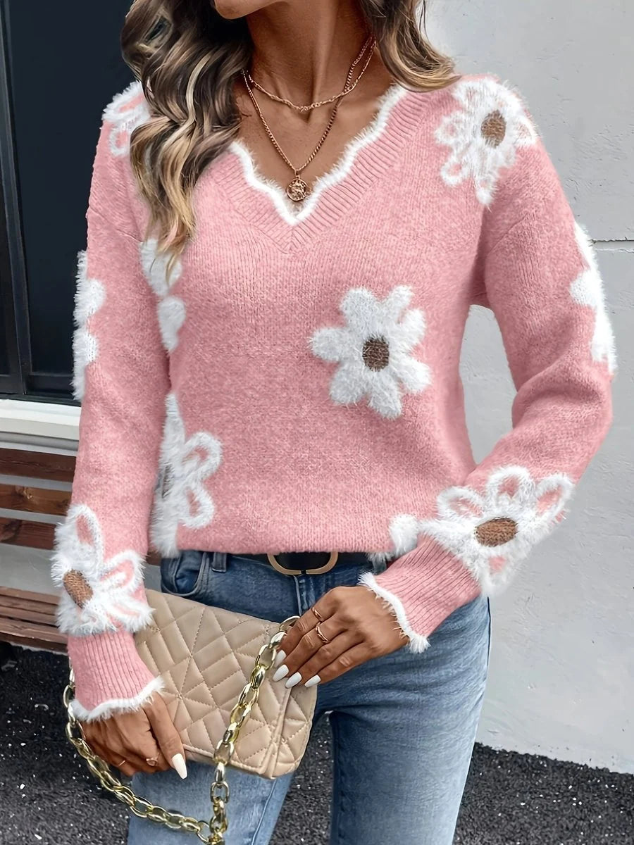 Lena | Damen Floral V-Ausschnitt Knit Sweater mit Gänseblümchen-Muster