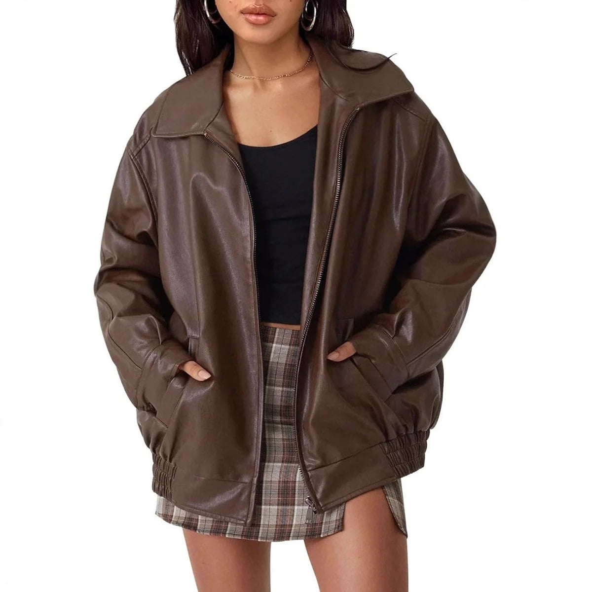 Lena | Damen Oversized Kunstleder Bomber Lederjacke mit Reißverschluss