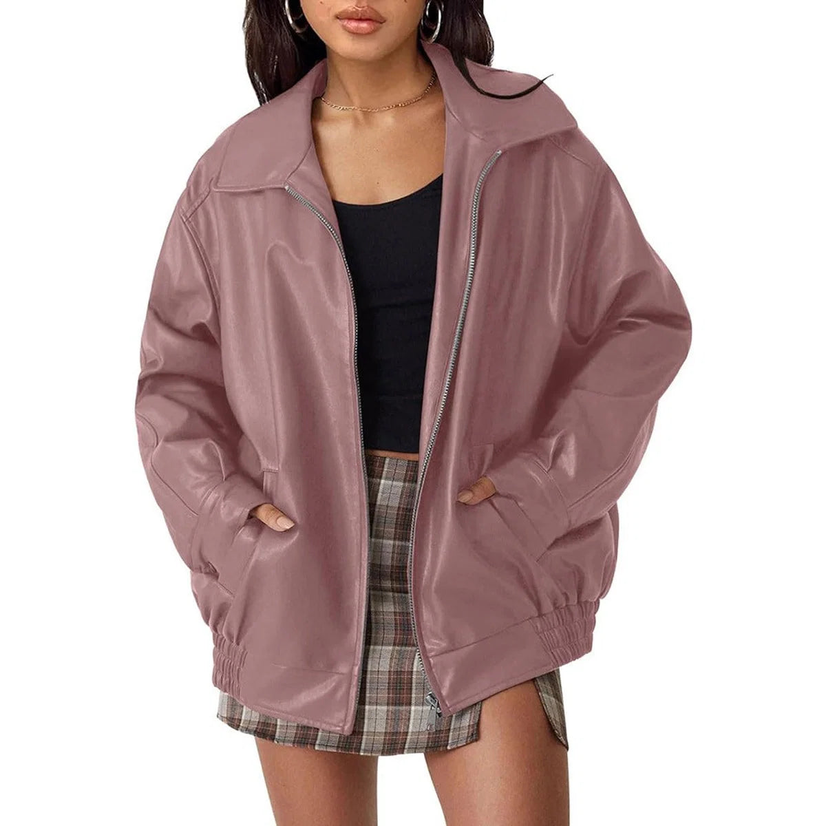 Lena | Damen Oversized Kunstleder Bomber Lederjacke mit Reißverschluss