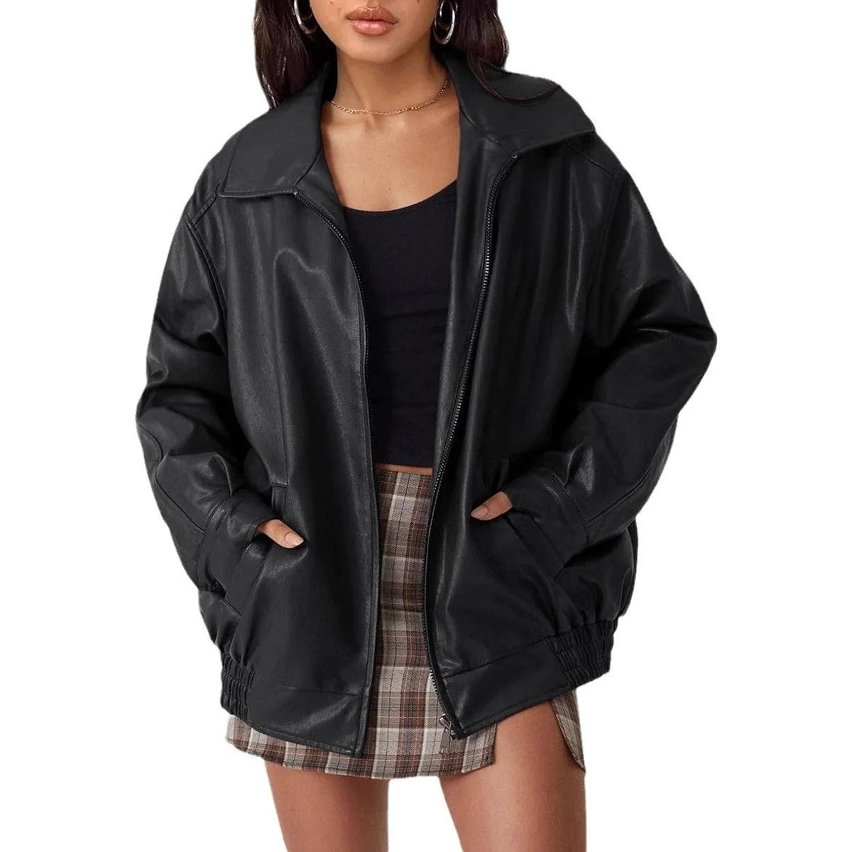 Lena | Damen Oversized Kunstleder Bomber Lederjacke mit Reißverschluss