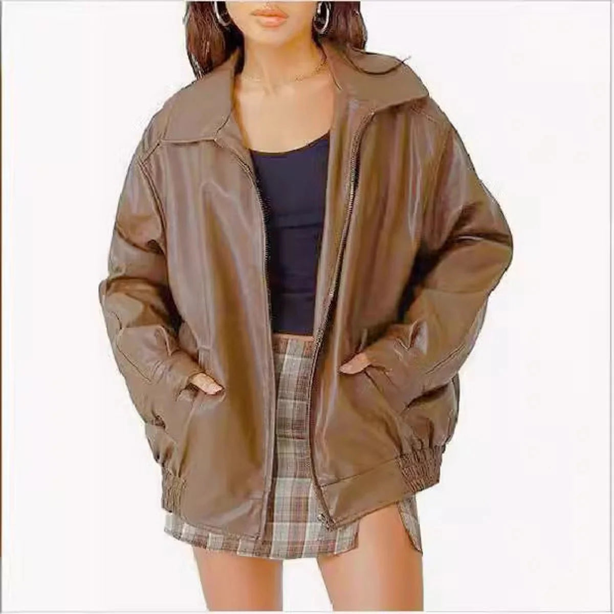 Lena | Damen Oversized Kunstleder Bomber Lederjacke mit Reißverschluss