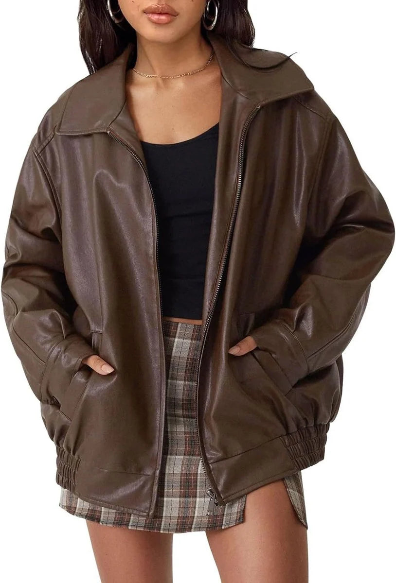 Lena | Damen Oversized Kunstleder Bomber Lederjacke mit Reißverschluss