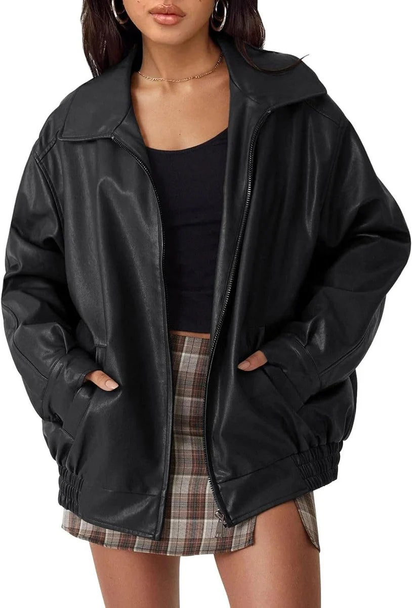 Lena | Damen Oversized Kunstleder Bomber Lederjacke mit Reißverschluss