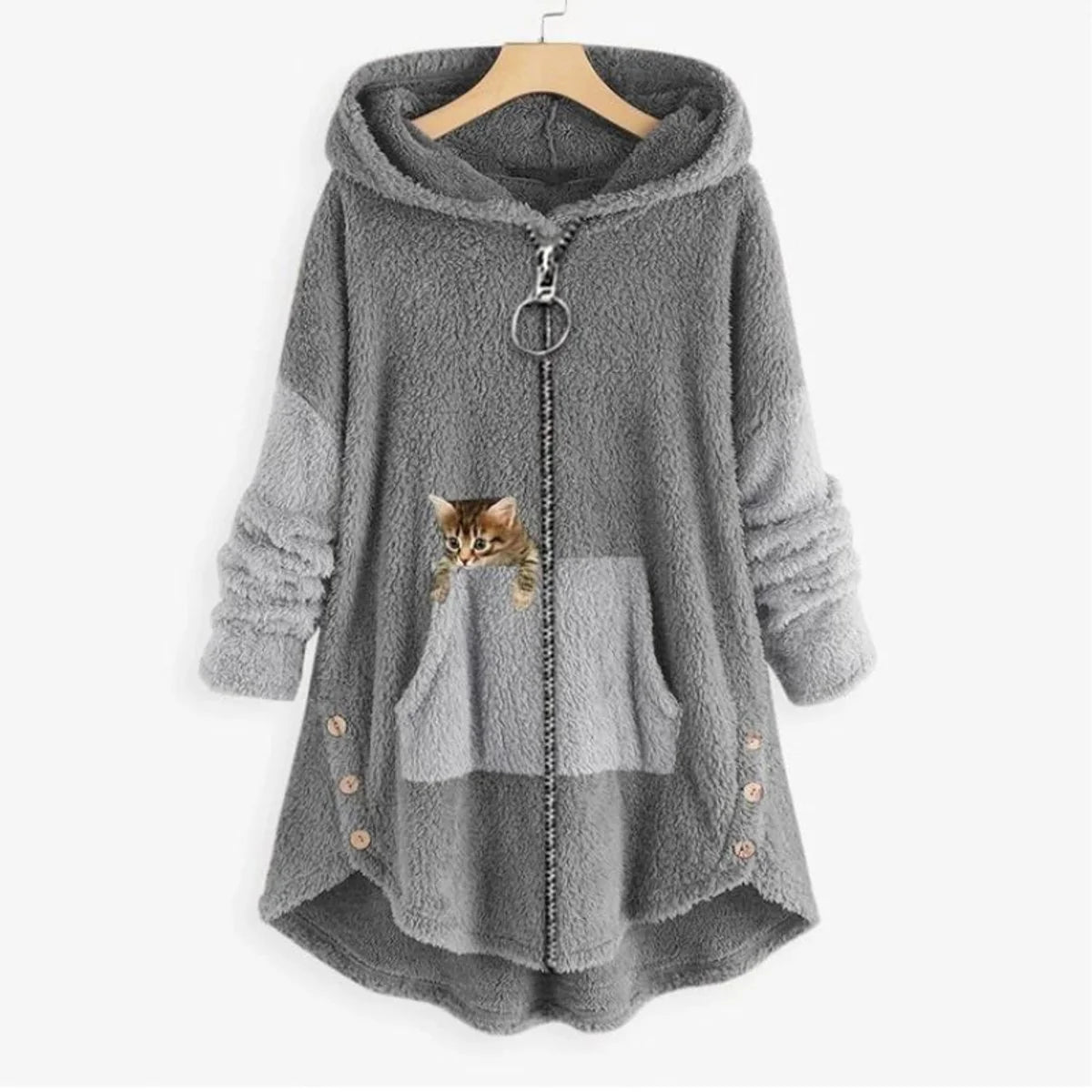Lena | Damen Plüsch-Hoodie Sweatshirt Reißverschluss Katzen-Print Fleece