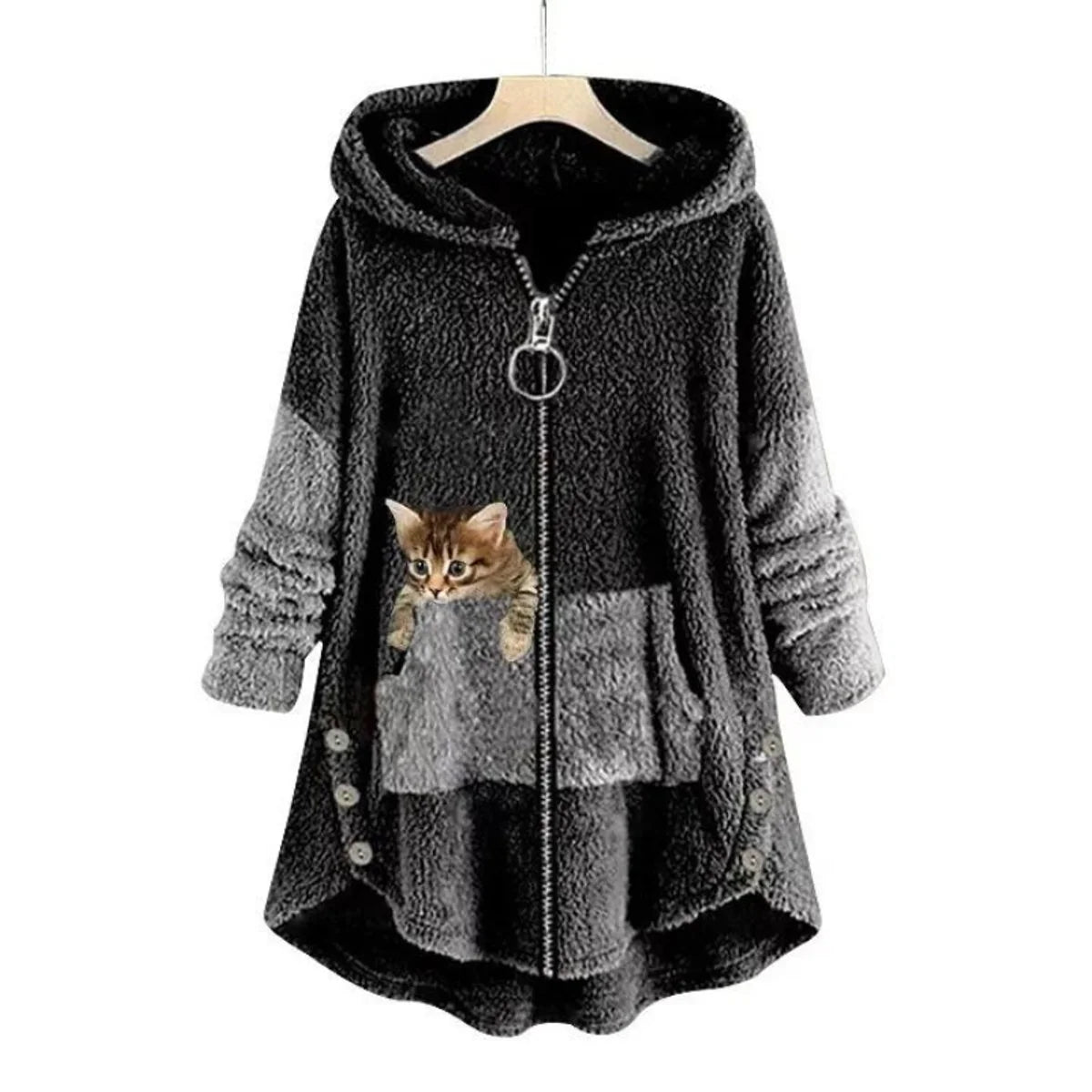 Lena | Damen Plüsch-Hoodie Sweatshirt Reißverschluss Katzen-Print Fleece