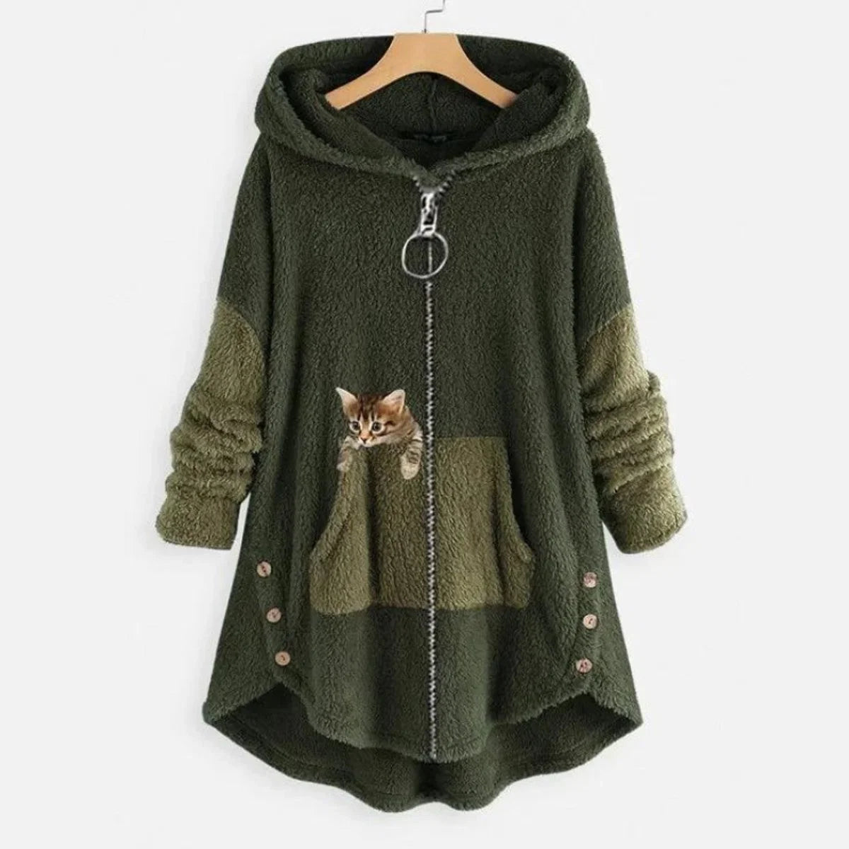 Lena | Damen Plüsch-Hoodie Sweatshirt Reißverschluss Katzen-Print Fleece