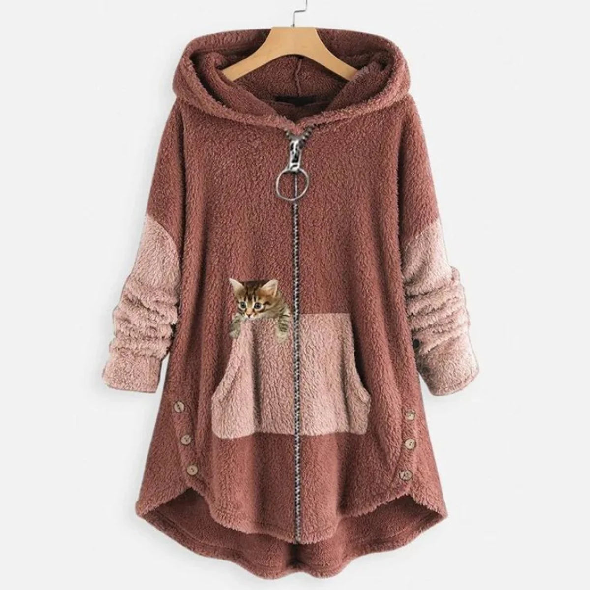 Lena | Damen Plüsch-Hoodie Sweatshirt Reißverschluss Katzen-Print Fleece
