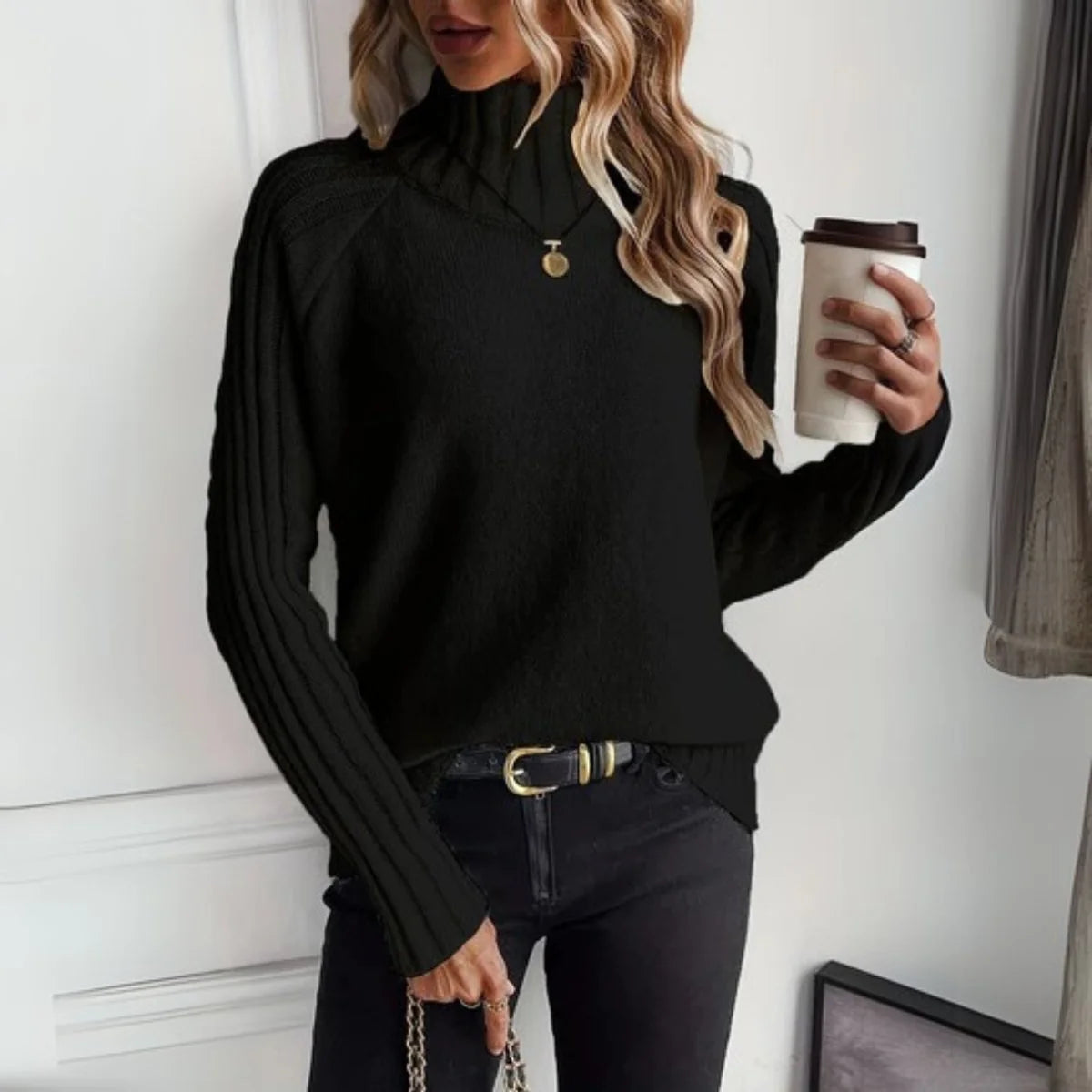 Lena | Damen Rollkragen Strickpullover mit Rippärmeln Locker Weich