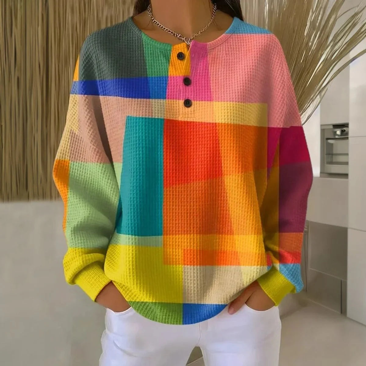 Lena | Damen Sweatshirt Buntes Waffelstrick-Pullover Rundhals Knopfleiste