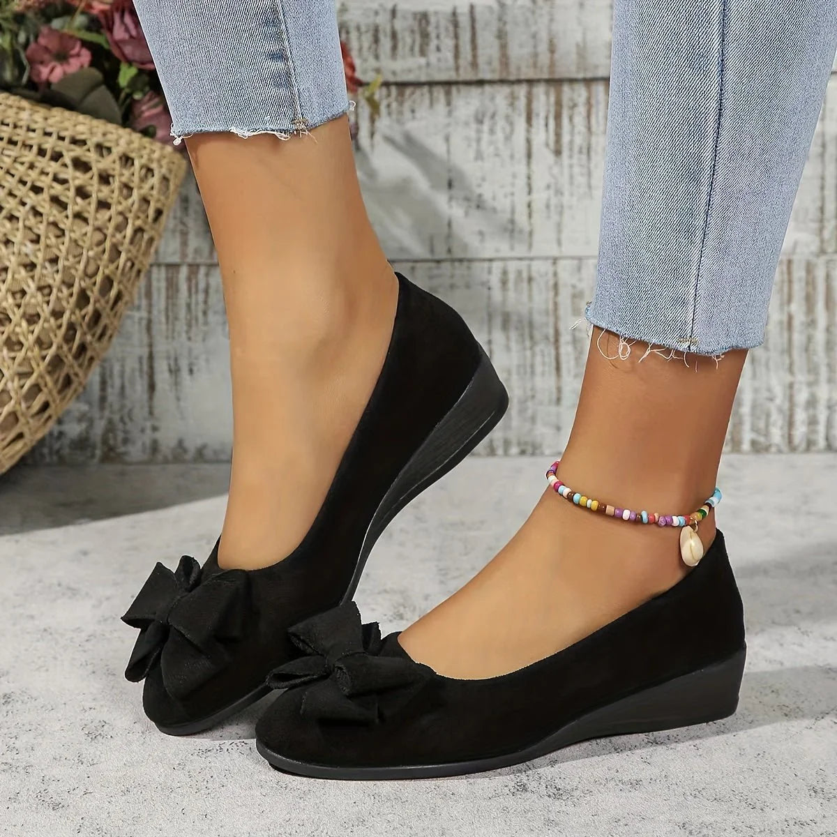 Lena | Damen Wildlederoptik Schleife Gepolsterte Slip-On Ballerinas