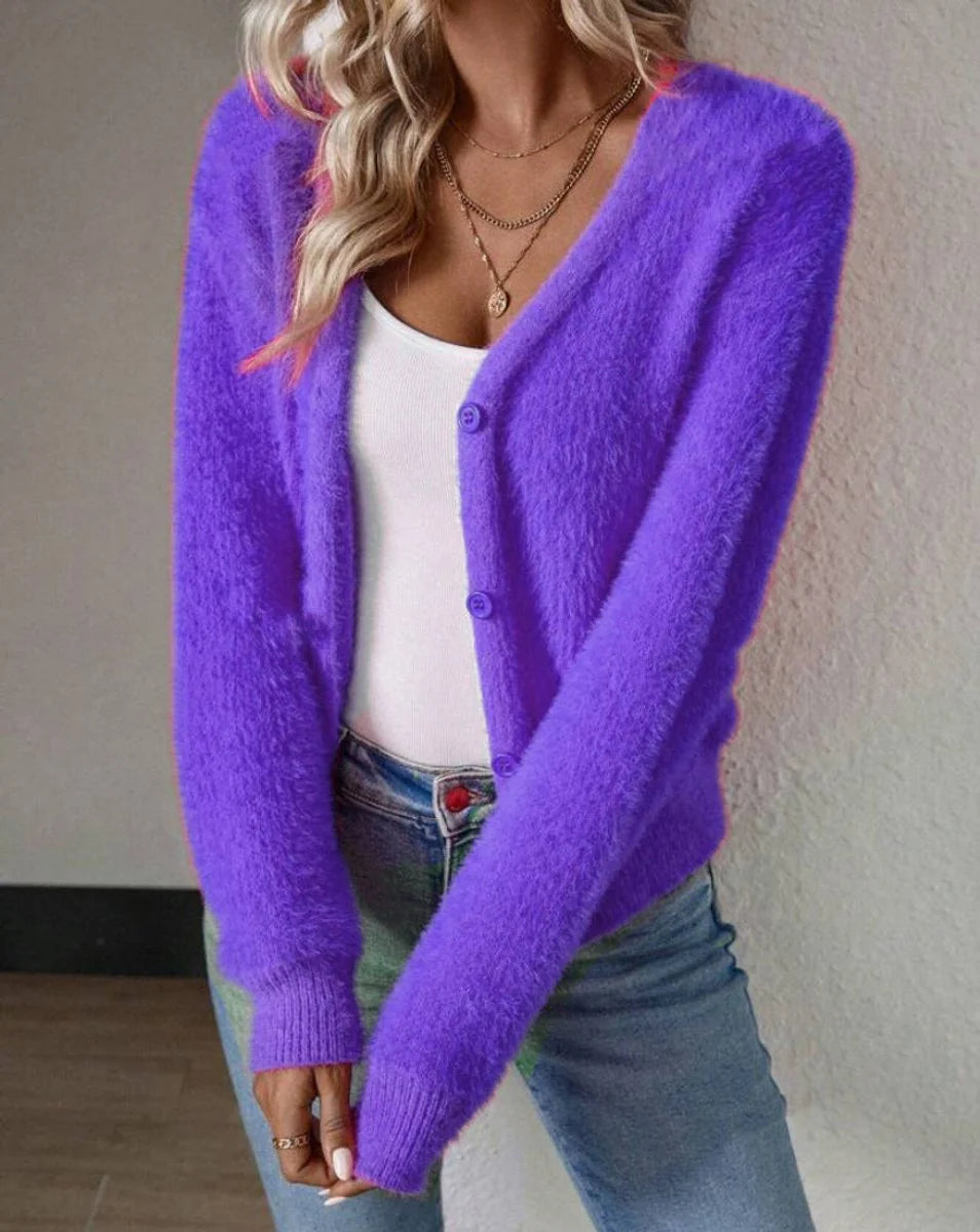 Marie | Damen Flauschiger V-Ausschnitt Strickjacke Cardigan mit Knopfleiste
