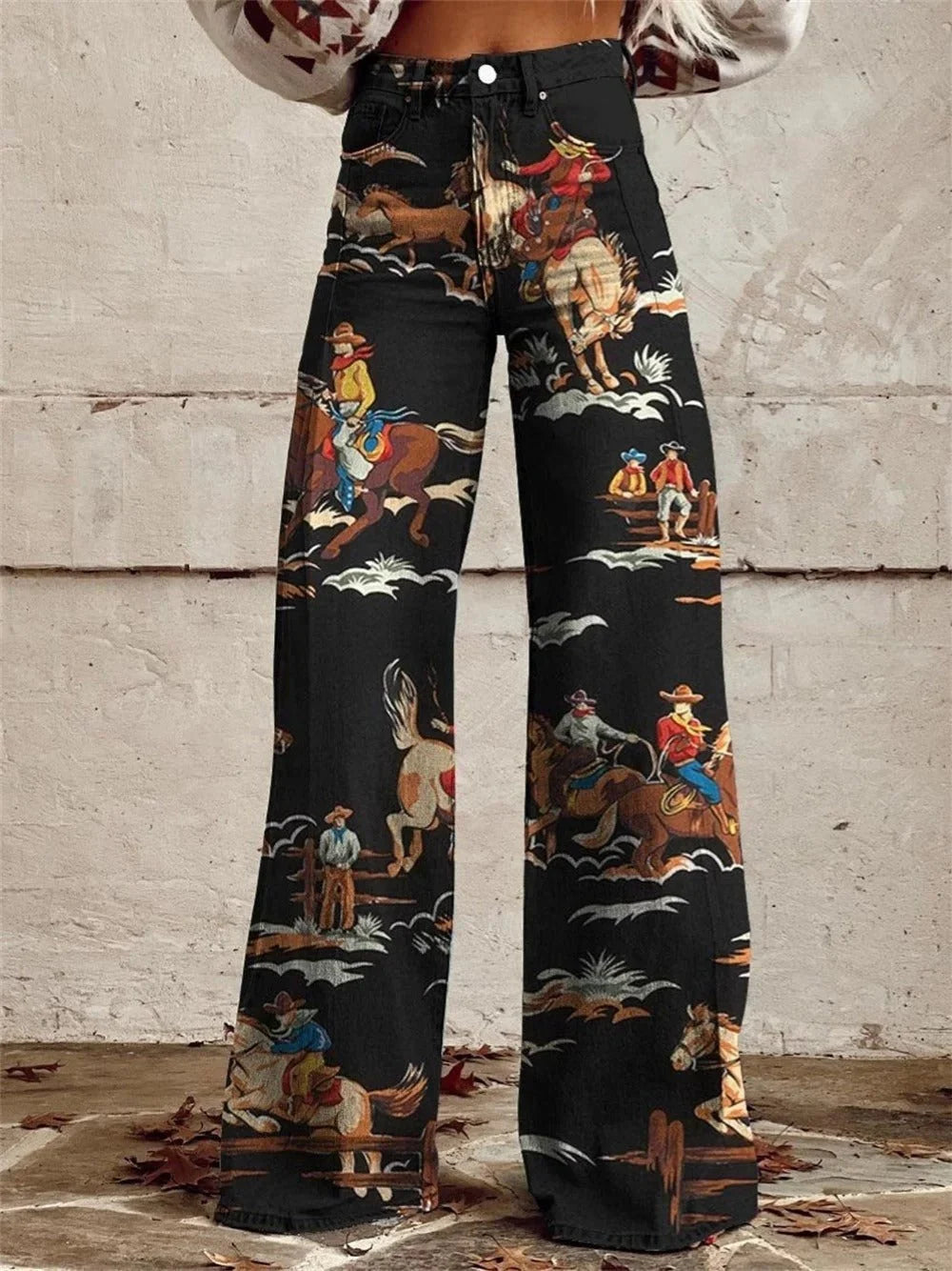 Marie | Damen High-Waist Western-Print Denim Marlene-Hose