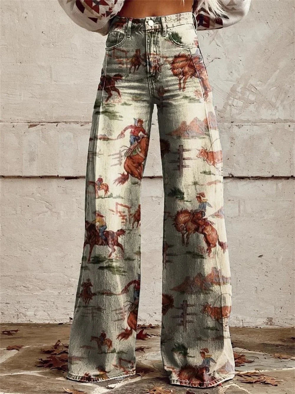 Marie | Damen High-Waist Western-Print Denim Marlene-Hose