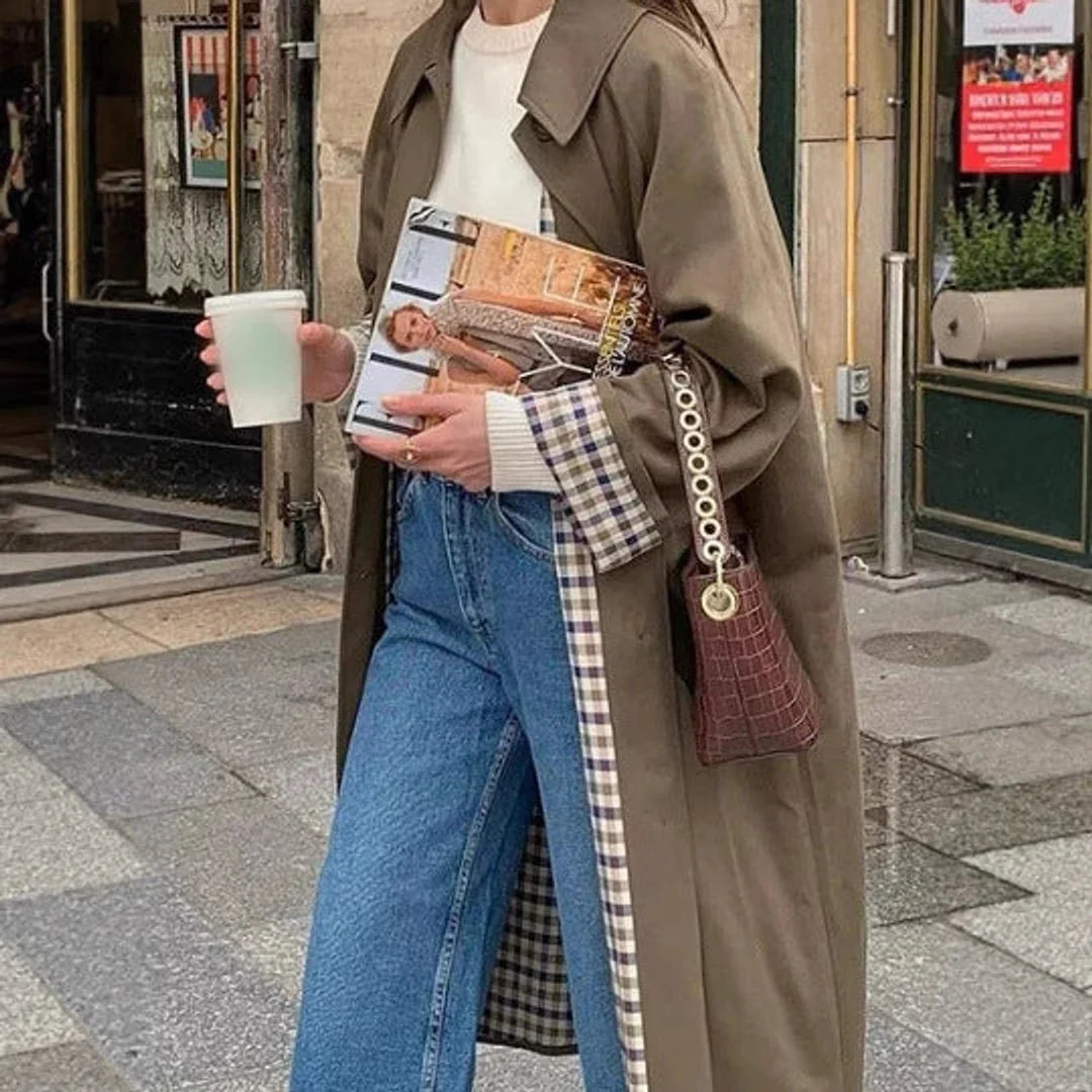 Marie | Damen Oversized Karierter Trench Coat im Langen Schnitt