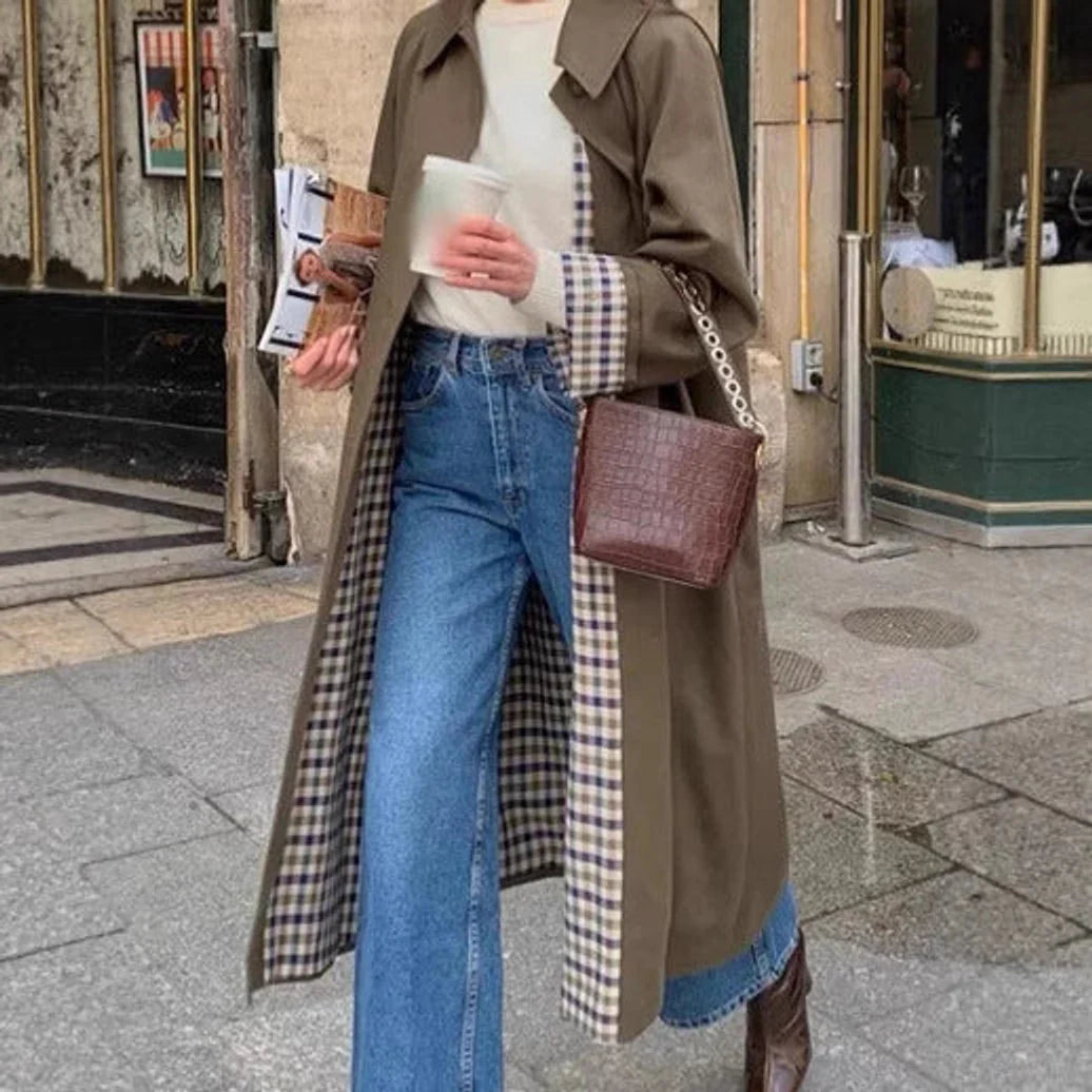 Marie | Damen Oversized Karierter Trench Coat im Langen Schnitt