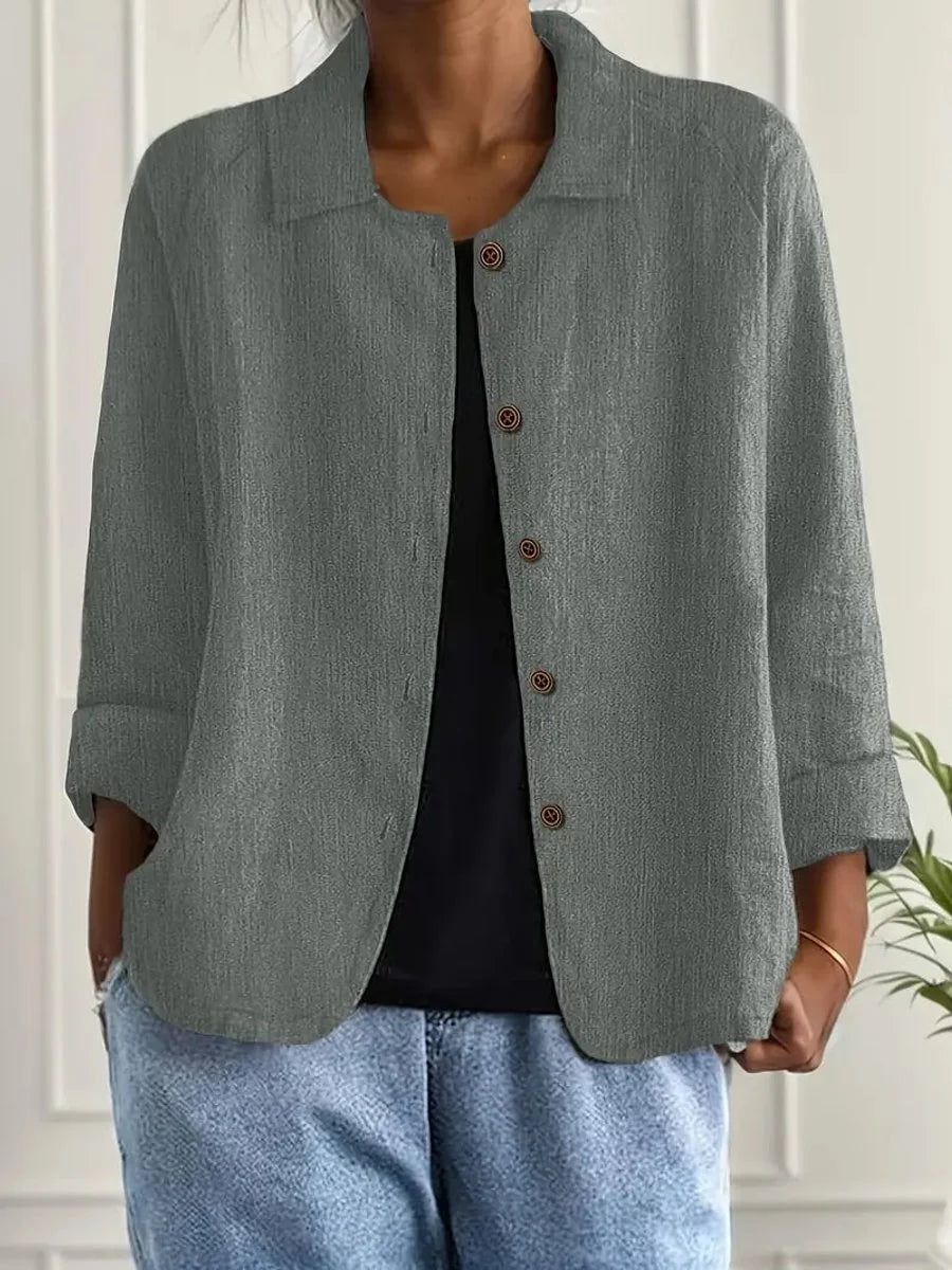 Marie | Damen Strickjacke leichte Baumwoll-Leinen Hemd-Cardigan mit Knöpfen