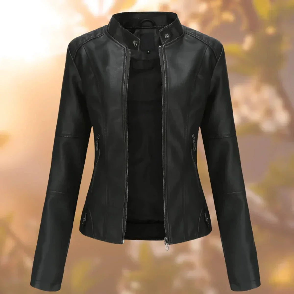 Marlene | Damen Slim-Fit Bikerjacke Kunstleder Reißverschluss Stehkragen