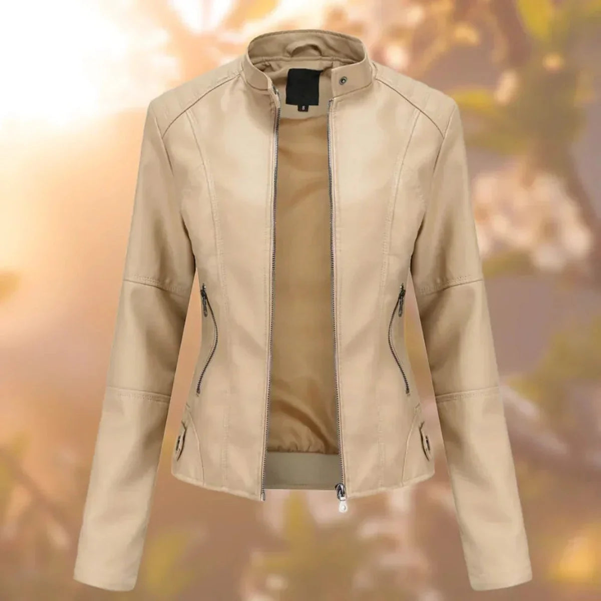 Marlene | Damen Slim-Fit Bikerjacke Kunstleder Reißverschluss Stehkragen