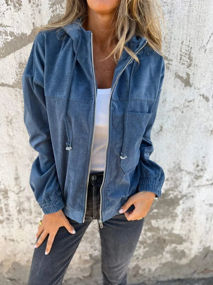 Mia | Damen Cord Kapuzenjacke mit Reißverschluss Oversized Freizeitjacke