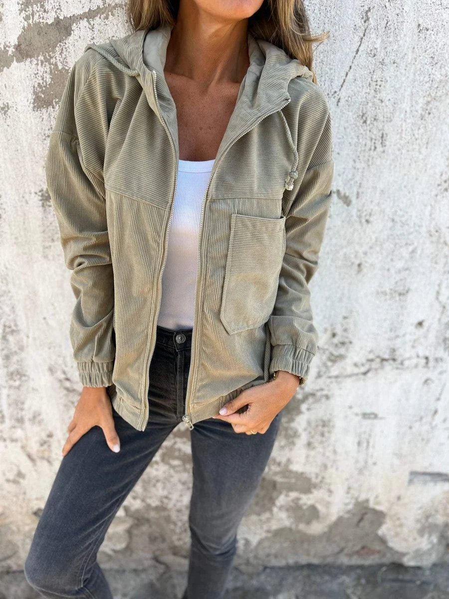 Mia | Damen Cord Kapuzenjacke mit Reißverschluss Oversized Freizeitjacke